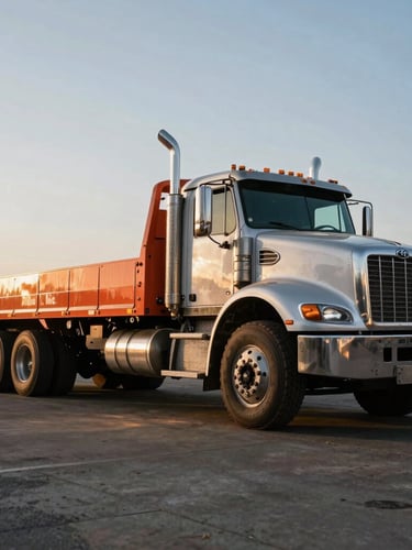 Low-angle wide shot of a heavy-duty flatbed truck parked at Alarcon Sons, Inc. yard in Baldwin Park, California, at golden hour, emphasizing scale and metallic textures, gritty industrial photography.