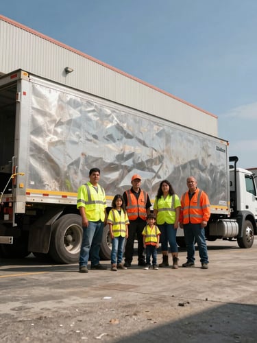 Low-angle wide shot of the Alarcon family team in high-visibility gear standing in front of a heavy-duty lowboy truck at the Baldwin Park headquarters, hard direct sunlight, gritty industrial photography.