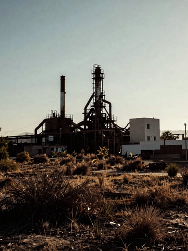 Gritty editorial photography, high-contrast natural light, desaturated urban tones, sharp 35mm film look. An industrial landscape in San Luis Potosí at golden hour, silhouettes of factories and dry vegetation, deep shadows.