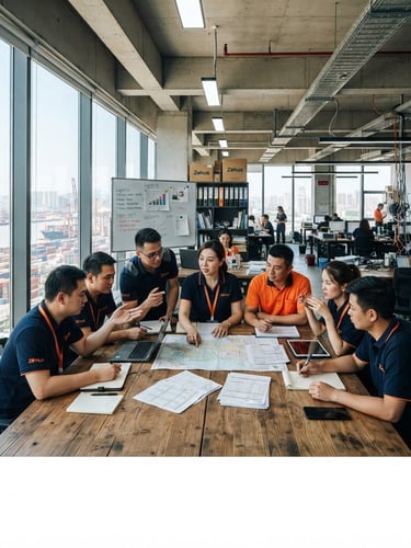 Wide panoramic shot of Yiwu Zehua Freight Forwarding office team members in a modern, brightly lit office, collaborating around a large table, industrial documentary style, bright natural daylight, high contrast, deep navy and orange tones, sharp focus, 35mm.