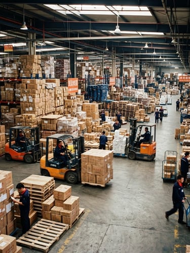 Wide panoramic view of a busy Yiwu freight consolidation warehouse, forklifts moving pallets, large cargo boxes stacked high, bright overhead lighting, deep navy and orange tones, industrial documentary photography, 35mm.