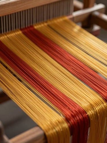 Extreme close-up of pure silk warp threads aligned on a traditional wooden loom, soft morning light catching the golden-yellow and crimson natural dyes.