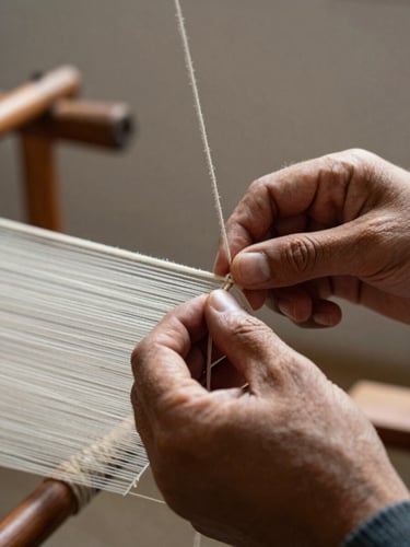 Extreme close-up of a master weaver's hands tying precise knots on pure silk threads, soft directional daylight highlighting the fine physical texture of Bandhej, minimalist studio background.