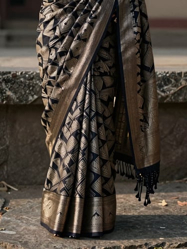 Cinematic side-lit portrait of a rare Patan Patola saree, draped elegantly over raw stone, catching soft morning daylight, highlighting the intricate geometric silk weave.