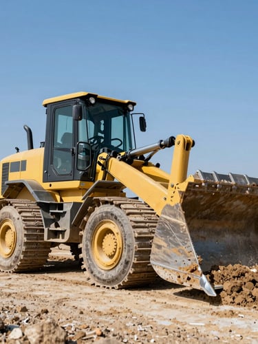 Low-angle heroic shot of a heavy-duty yellow front loader moving earth on a real construction site, harsh bright daylight, gritty industrial photography.