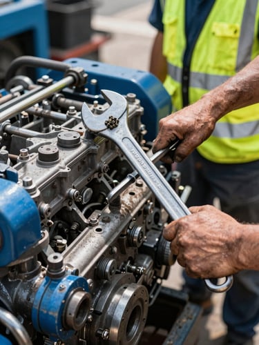 Close-up of a mechanic's grease-stained hands holding a heavy steel wrench over a powerful industrial engine, high-contrast lighting.