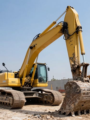 Low-angle heroic shot of a heavy-duty yellow excavator working on an active construction site in Mexico, harsh bright daylight, high contrast industrial photography, wide-angle lens