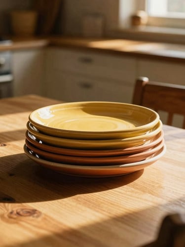 A stack of warm terracotta and mustard yellow ceramic plates on a sun-drenched wooden dining table, golden-hour window light casting soft shadows, cozy kitchen setting.