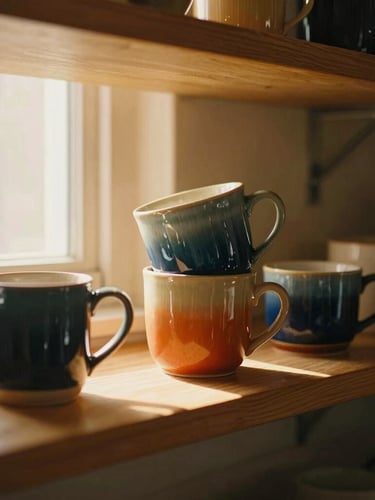 A warm, sunlit kitchen scene with colorful mugs stacked on open wooden shelves, soft golden-hour window light, rich glazes, shallow depth of field, warm editorial photography