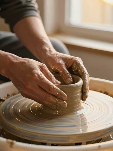 Close-up of potter's hands shaping wet terracotta clay on a spinning wheel, water splashing softly, warm golden-hour window light, shallow depth of field