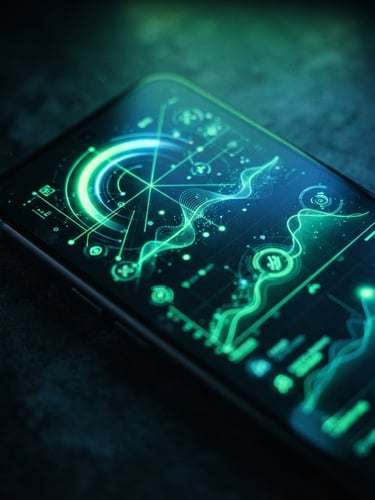 Macro overhead shot of a physical Android flagship device displaying a fluid, high-framerate vector interface, sharp neon green ambient glow reflecting on dark matte glass, 35mm photography