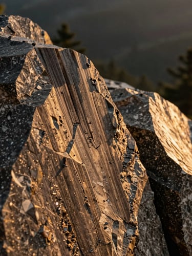 Macro close-up of dark seasoned timber grain and hand-carved mountain slate stone, warm side lighting, high texture detail, architectural macro photography, 35mm film.