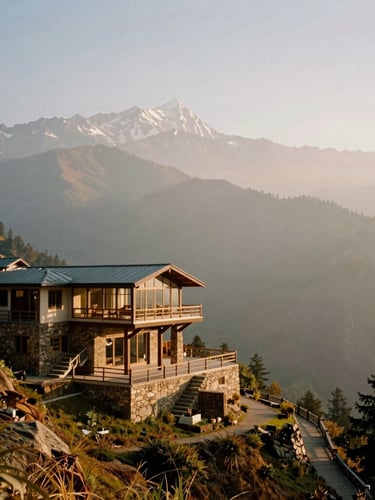 Dramatic wide-angle shot of a cantilevered stone-and-glass villa on a steep Mussoorie ridge, mist-shrouded Himalayan peaks in the background, low-sun golden hour, 35mm film