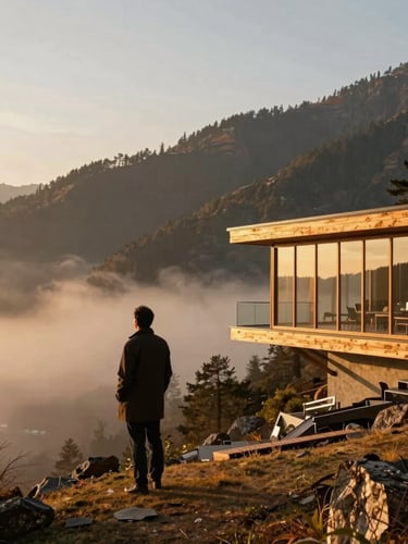 Wide-angle portrait of a chief architect in a dark coat standing on a misty Himalayan ridge, looking toward a modern timber-and-glass villa structure, warm golden hour ambient light.