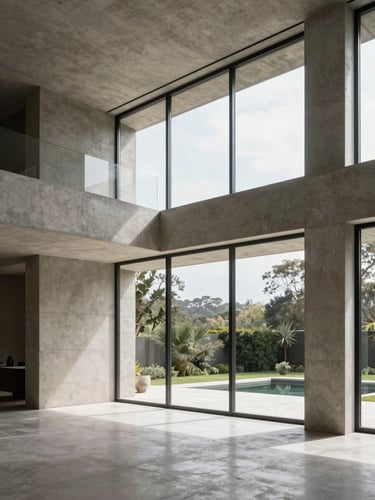 Vertical architectural crop of a luxury concrete villa interior, clean lines, floor-to-ceiling windows with soft natural daylight, no people.