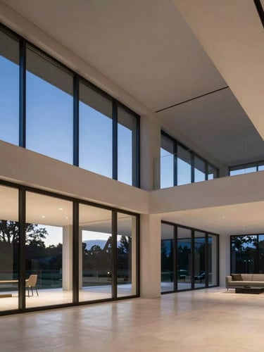 Wide panoramic architectural photograph of a modern luxury villa interior, floor-to-ceiling glass windows showing a twilight sky, clean geometric lines, soft natural lighting, high-end furniture, no camera reflection.