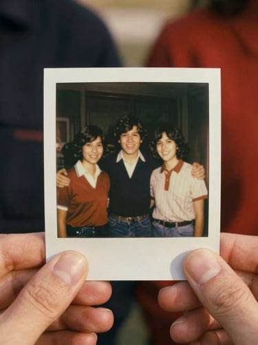 Close-up of hands holding an old vintage polaroid photo of high school friends from the 1970s, warm nostalgic lighting, soft film grain, 35mm