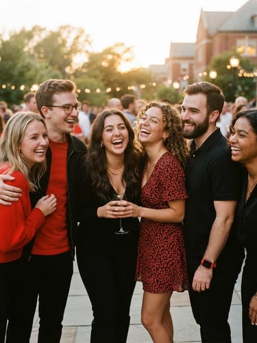 A group of young alumni laughing together at an outdoor evening reunion, warm golden hour light, red and black clothing accents, soft 35mm film grain