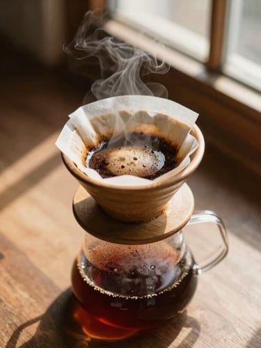 Overhead flat-lay of slow pour-over coffee brewing, warm morning window light casting high-contrast shadows on textured ceramic, steam rising, rich earthy tones, 35mm photography