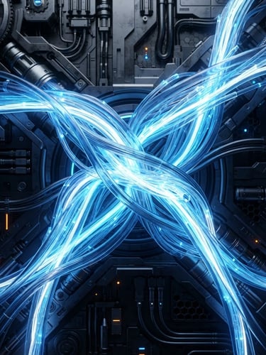 Futuristic 3D render of glowing electric blue fiber optic cables pulsing with light, dark metallic background, ultra-detailed, octane render, 8k