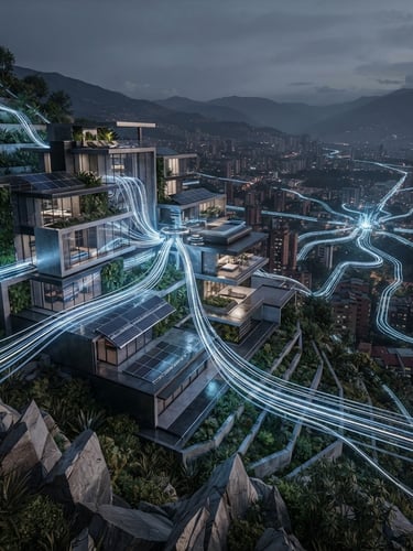 3D render of a futuristic smart home in Medellín connected to glowing blue and white fiber optic lines, cool gray background, octane render, 8k