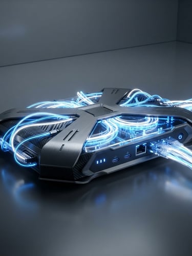 Sleek 3D render of a futuristic router glowing with electric blue fiber optic lines, cool gray studio background, high contrast, octane render, 8k