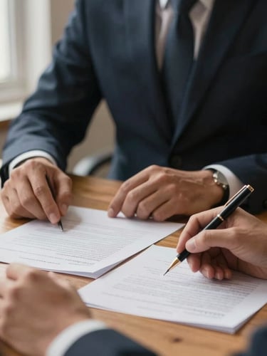 Close-up of hands in collaborative discussion over high-quality legal documents on a wooden table, soft warm window light, elegant professional atmosphere