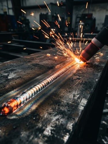 Macro close-up of a clean TIG weld bead on heavy structural steel, high-contrast shop lighting, glowing orange sparks, dramatic shadows