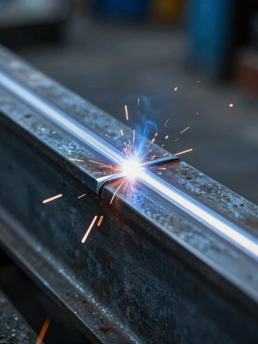 Close-up of a clean, high-precision MIG weld bead on a heavy structural steel beam, industrial shop background with soft blue lighting.