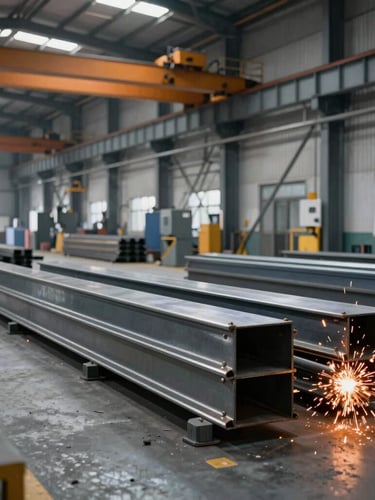 A wide shot of a modern industrial metal fabrication shop floor, overhead cranes, steel beams stacked, clean organized workspace, bright high-contrast lighting