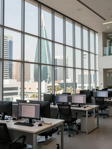 Wide environmental shot of a modern Kuwait City office operations floor, controlled daylight through floor-to-ceiling windows, documents and screens active on desks, no people visible, architectural depth, high clarity