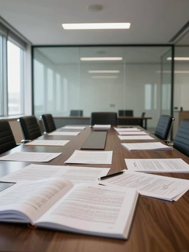Interior of a Kuwaiti corporate office, wide environmental shot—conference table with documents spread open under recessed ceiling lights, glass partition walls reflecting the room, no people, controlled daylight from a side window, high-clarity detail on paper and furniture surfaces