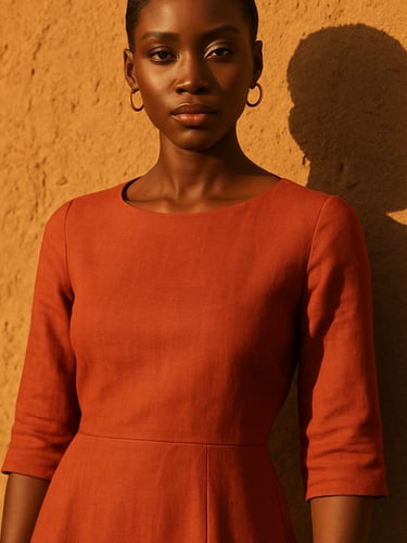 Portrait of an elegant West African woman in a terracotta minimalist linen dress, standing against a sun-drenched mud-brick wall in Niamey, intense golden-hour natural light, sharp editorial fashion photography
