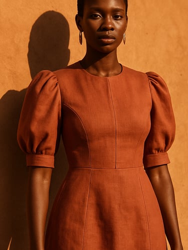 Medium editorial shot of an elegant West African woman wearing a structured terracotta linen dress, standing against a sun-drenched minimalist clay wall in Niamey, warm golden-hour sunlight, high-contrast natural shadows, sharp focus.