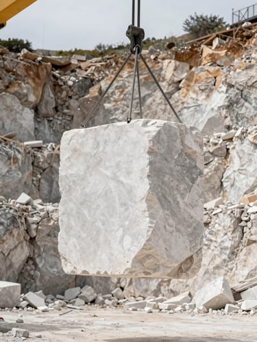 Close-up environmental shot of a quarry block extraction site in Portugal, freshly cut white limestone block suspended by steel cables against a sheer quarry wall, overcast daylight, scale conveyed by visible machinery arm and rock face texture