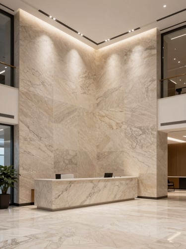 Wide environmental shot of a commercial office lobby, Travertino Navona stone cladding on full-height feature walls under architectural recessed lighting, reception desk in matching stone, deep perspective showing material continuity across a large interior volume, controlled studio-grade lighting