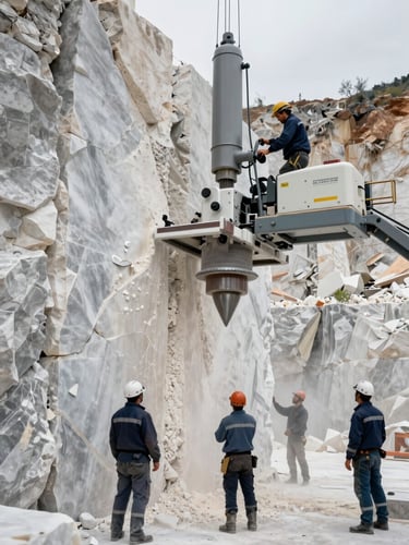 Close environmental shot of a marble quarry extraction crew operating a diamond wire saw on a vertical stone face, controlled studio-quality overcast daylight, freshly cut white stone dust visible in the air, machinery scale emphasising the geological mass of the block being separated