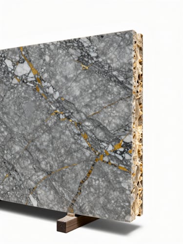 Close studio shot of a finished Calacatta marble slab cross-section standing upright, dramatic grey and gold veining sharp under controlled strobe lighting, slab edge revealing stone depth and material density, white background, no styling props