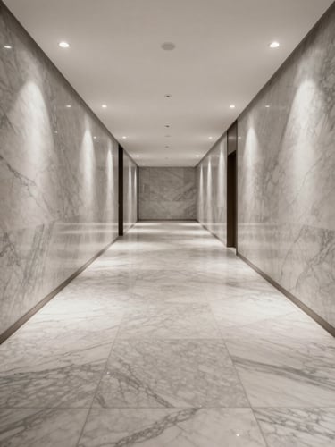 Wide shot of a five-star hotel corridor, floor and wall cladding in continuous Statuario marble slabs under recessed ceiling lights, veins matched across panel joints, architectural scale visible with long perspective depth, overcast controlled studio lighting