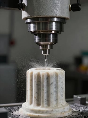 Close-medium shot of a CNC milling head carving a fluted marble column shaft under controlled studio strobe light, stone dust suspended mid-air, surface detail sharp and precise