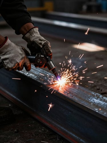 Extreme close-up of a worker's gloved hands operating a plasma cutter on a heavy-gauge steel beam, sparks flying, harsh industrial warehouse lighting, deep shadows, high contrast black and red tones, 35mm lens.