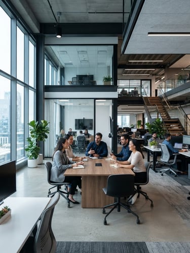 Crisp corporate photography of a clean modern architectural office interior with cool daylight shadows, sharp focus, 35mm