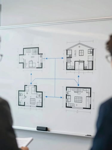 Crisp corporate photography, cool daylight, a collaborative technical whiteboarding session with architectural system diagrams, 35mm, sharp focus