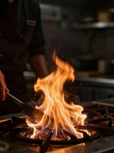 Moody close-up of a chef working with open flames in a dark high-end kitchen, glowing amber embers, dramatic side lighting, shallow depth of field