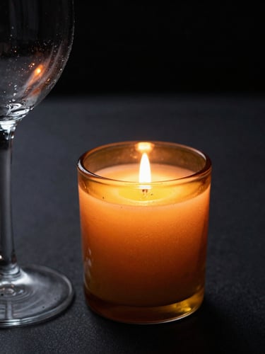 Close-up macro shot of a glowing amber candle on a dark charcoal table, soft condensation on a crystal wine glass, low-key dramatic lighting, shallow depth of field, 35mm