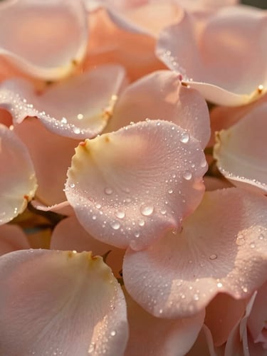 Close-up of fresh Rosa Damascena petals covered in morning dew, soft golden hour light, warm editorial style, shallow depth of field, 35mm