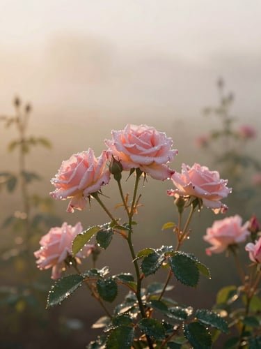 Soft morning mist over a Bulgarian rose garden, golden sunlight filtering through dew-covered petals, warm pastoral editorial photography, 35mm