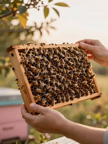 Hands gently holding a wooden beehive frame covered with bees, warm golden light filtering through leaves, natural pastoral editorial