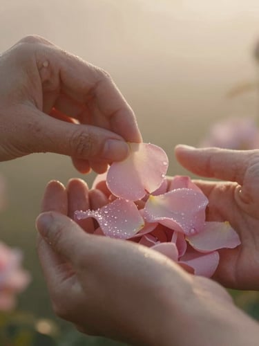Close-up of hands gently picking dew-covered Rosa Damascena petals at dawn, soft morning mist, warm golden-hour light, shallow depth of field, 35mm photography