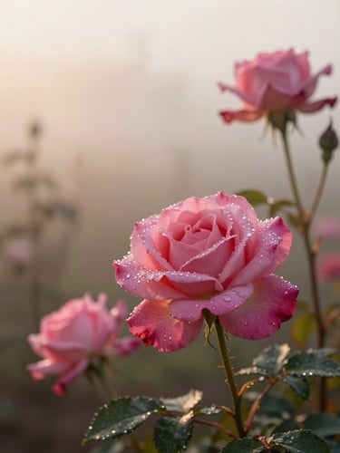 Warm morning mist over a Bulgarian rose garden, dew drops on deep pink petals, soft golden light, 35mm photography